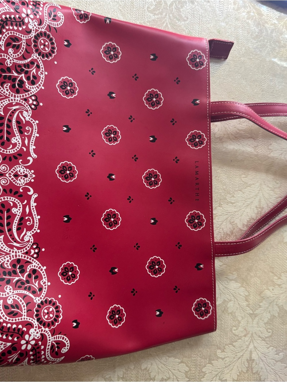 Lamarthe Paris Red Bandana Print Smooth Leather Tote